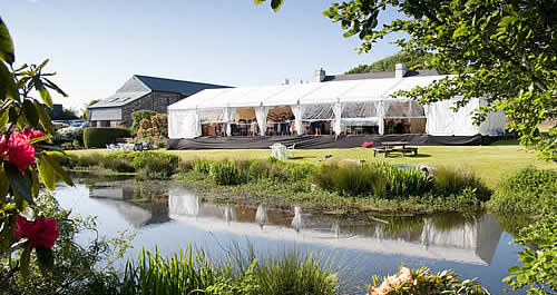 Wedding marquee on the lawn at Polhilsa